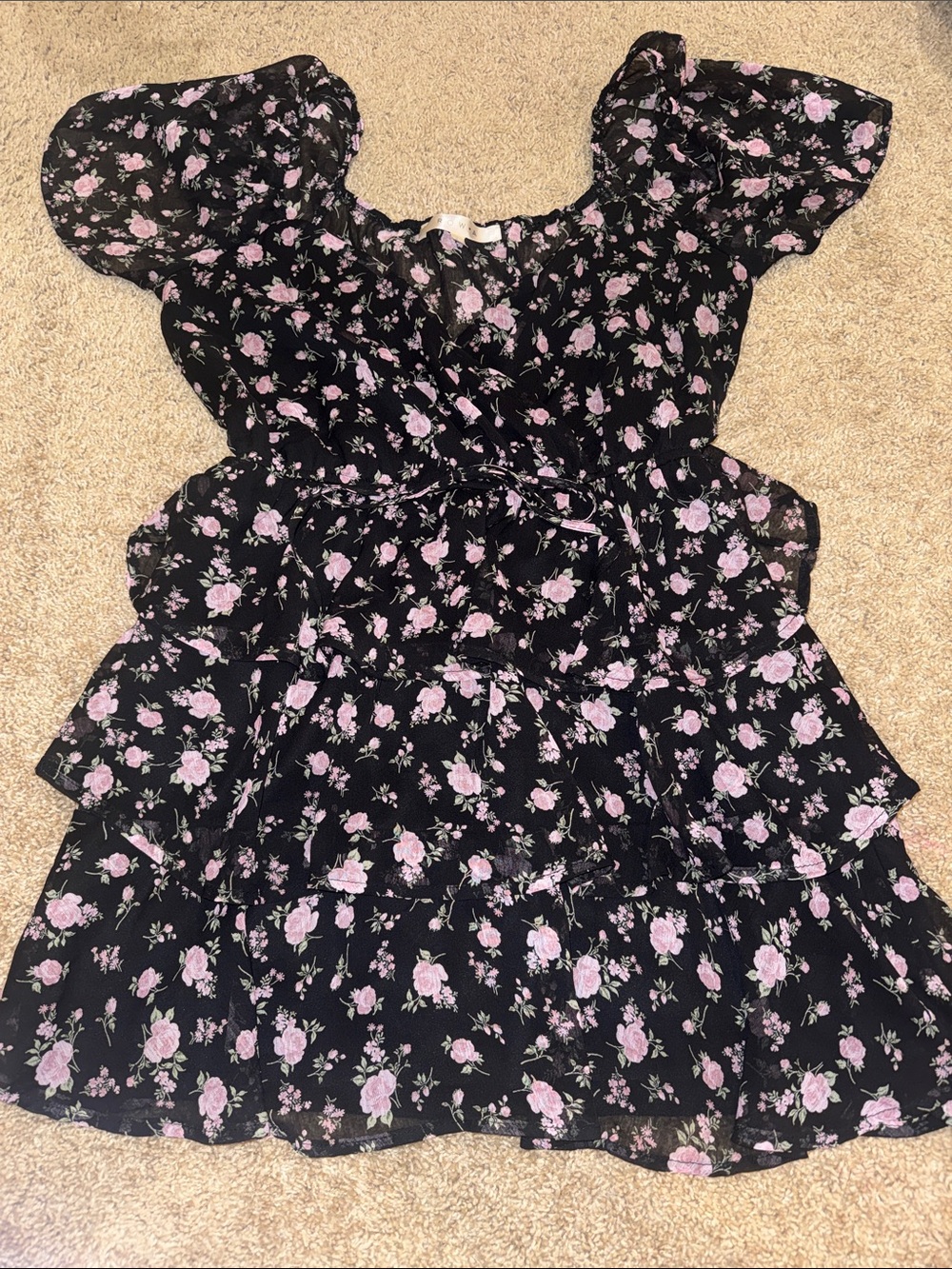 Black Floral chiffon tiered mini Dress with Pink Roses